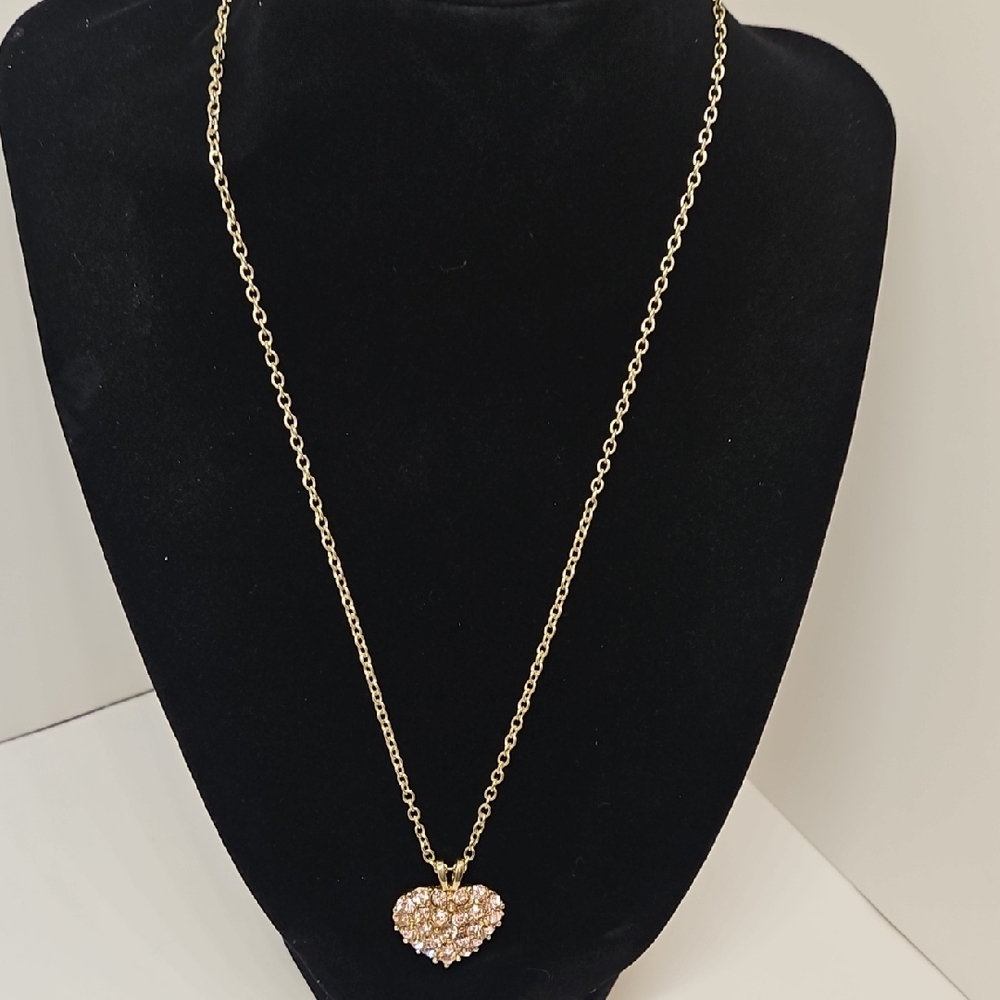 Heart Shape Pendant Necklace Pink Rhinestones Gold Tone Vintage Valentine's Day